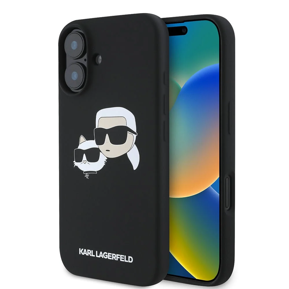 Karl Lagerfeld – Заден капак за iPhone 16 – MagSafe – Двуслоен силикон – Черен
