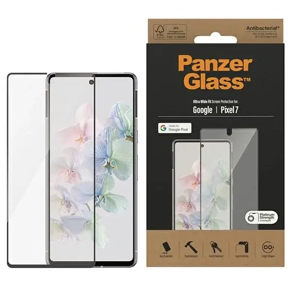 Антибактериален скрийн протектор от закалено стъкло PanzerGlass Ultra-Wide Fit за Google Pixel 7, с черна рамка