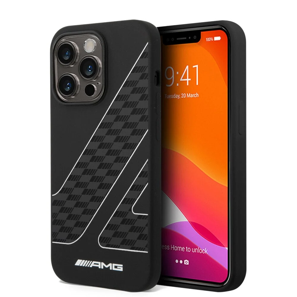 AMG – Заден капак за iPhone 14 Pro Max – Двойно покритие – Мотив с шахматно знаме – Черен