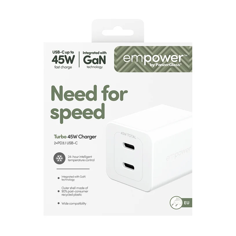 ЗАРЯДНО 220V EMPOWER 45W 2xUSB-C WH