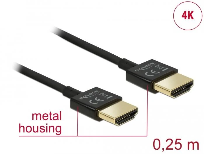 Кабел Delock HDMI- мъжко - HDMI- мъжко, Ethernet, 3D, 4K, 0.25 м, Черен