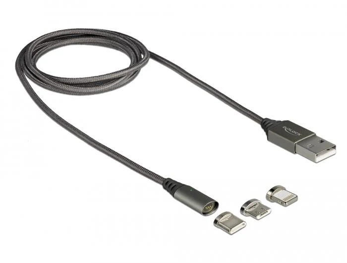 Кабел за зареждане Delock 3 в 1, USB- мъжко - 8 Pin / Micro USB / USB Type-C, 1м, Черен