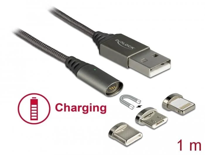 Кабел за зареждане Delock 3 в 1, USB- мъжко - 8 Pin / Micro USB / USB Type-C, 1м, Черен