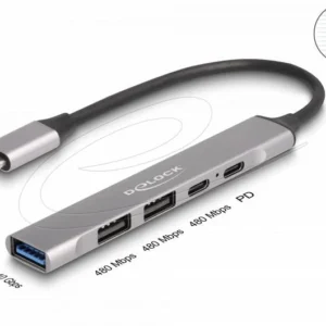 Delock Хъб USB-C, 4 порта, 1 x USB- 10 Gbps, 2 x USB-, 1 x USB-C, USB-C PD 95 W