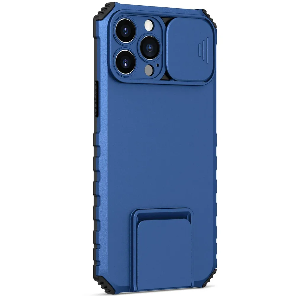Husa Defender cu Stand pentru Samsung Galaxy S22, Albastru, Suport reglabil, Antisoc, Protectie glisanta pentru camera, Vi...