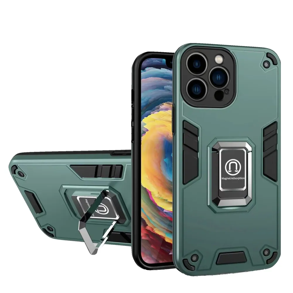 Husa Iron Warriors pentru iPhone 14, Vivimall, Hybrid Ring Holder Kickstand, Verde inchis