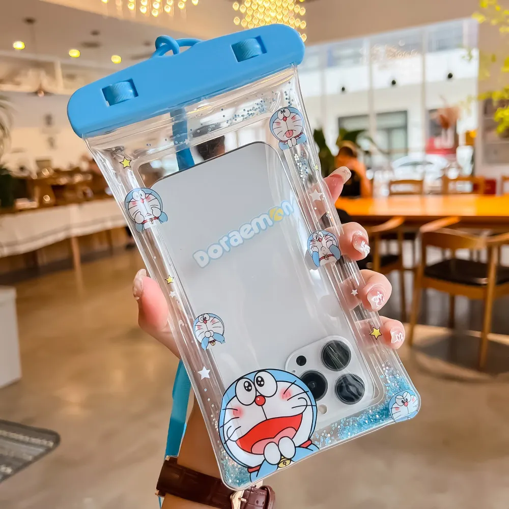 Husa subacvatica Glitter Kids Waterproof Vivimall, Snowproof, Universala, cu Snur, pentru telefon sau documente, Cat, Bleu