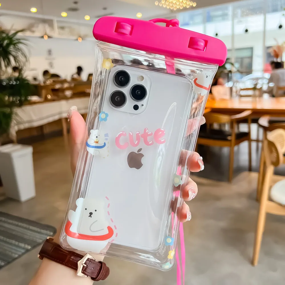 Husa subacvatica Kids Waterproof Vivimall, Snowproof, Universala, cu Snur, pentru telefon sau documente, Bears, Roz