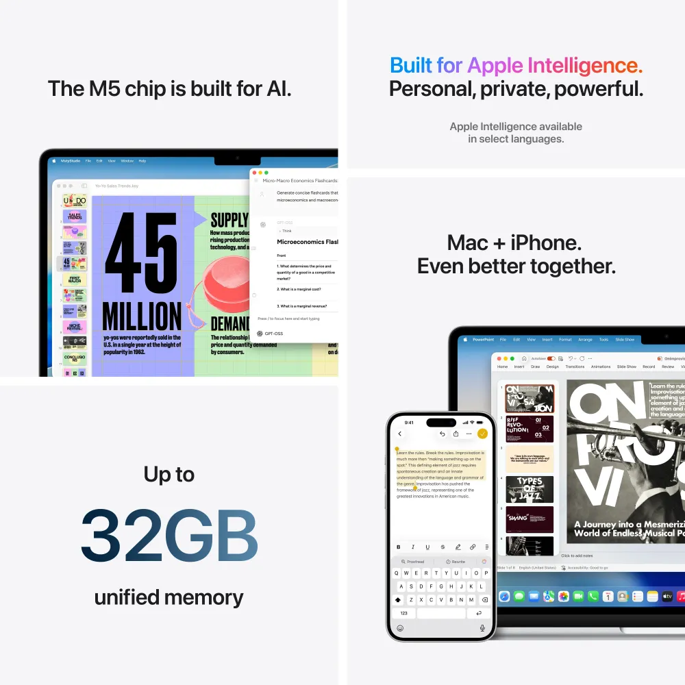 13-инчов MacBook Air:Apple M5 чип с 10-ядрен CPU и 10-ядрен GPU, 512GB SSD, 16GB RAM, Български език (БДС) - Silver CTO