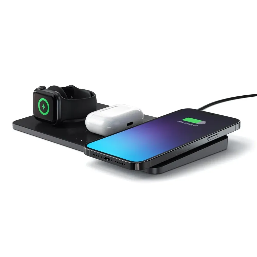 Черна безжична зарядна станция от Satechi за iPhone, Apple Watch и AirPods