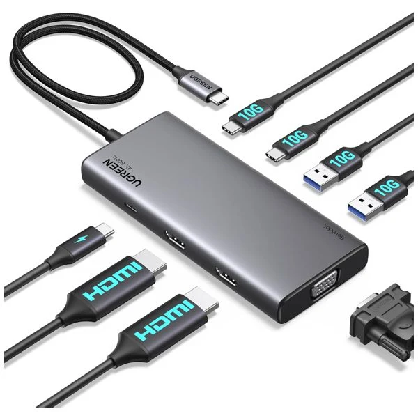 UGREEN Revodok Pro 308 до три монитора Docking Station USB C Hub 2HDMI, VGA, 4 x 10Gbps USB Ports, PD 100 W