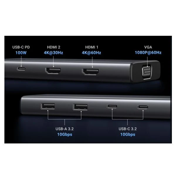 UGREEN Revodok Pro 308 до три монитора Docking Station USB C Hub 2HDMI, VGA, 4 x 10Gbps USB Ports, PD 100 W