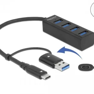 USB хъб Delock 63828, 3.2 Gen 1, 4 x USB-, USB-C, USB- конектор, Черен