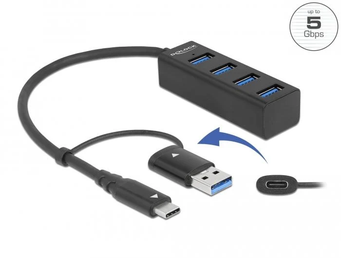 USB хъб Delock 63828, 3.2 Gen 1, 4 x USB-, USB-C, USB- конектор, Черен