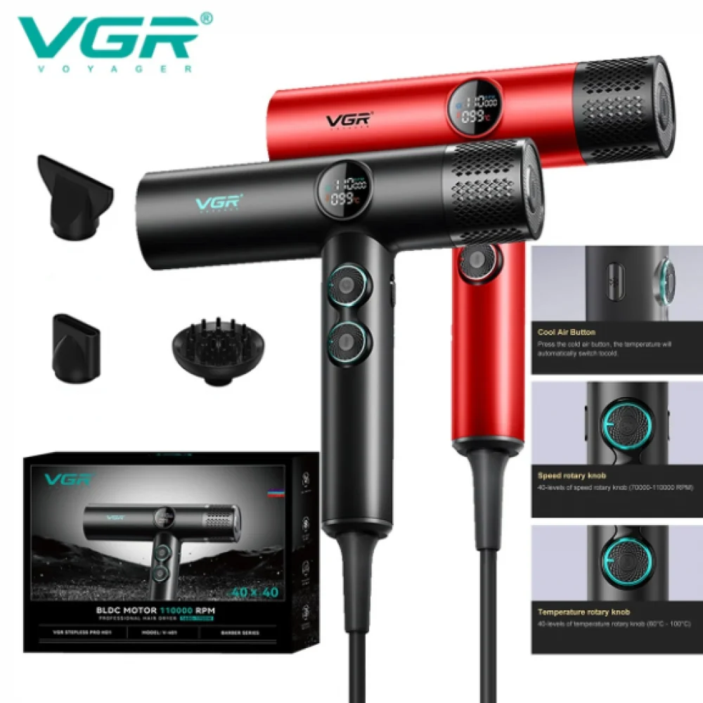 Професионален Сешоар VGR V-401 с LED Дисплей Червен и Черен Сешоар