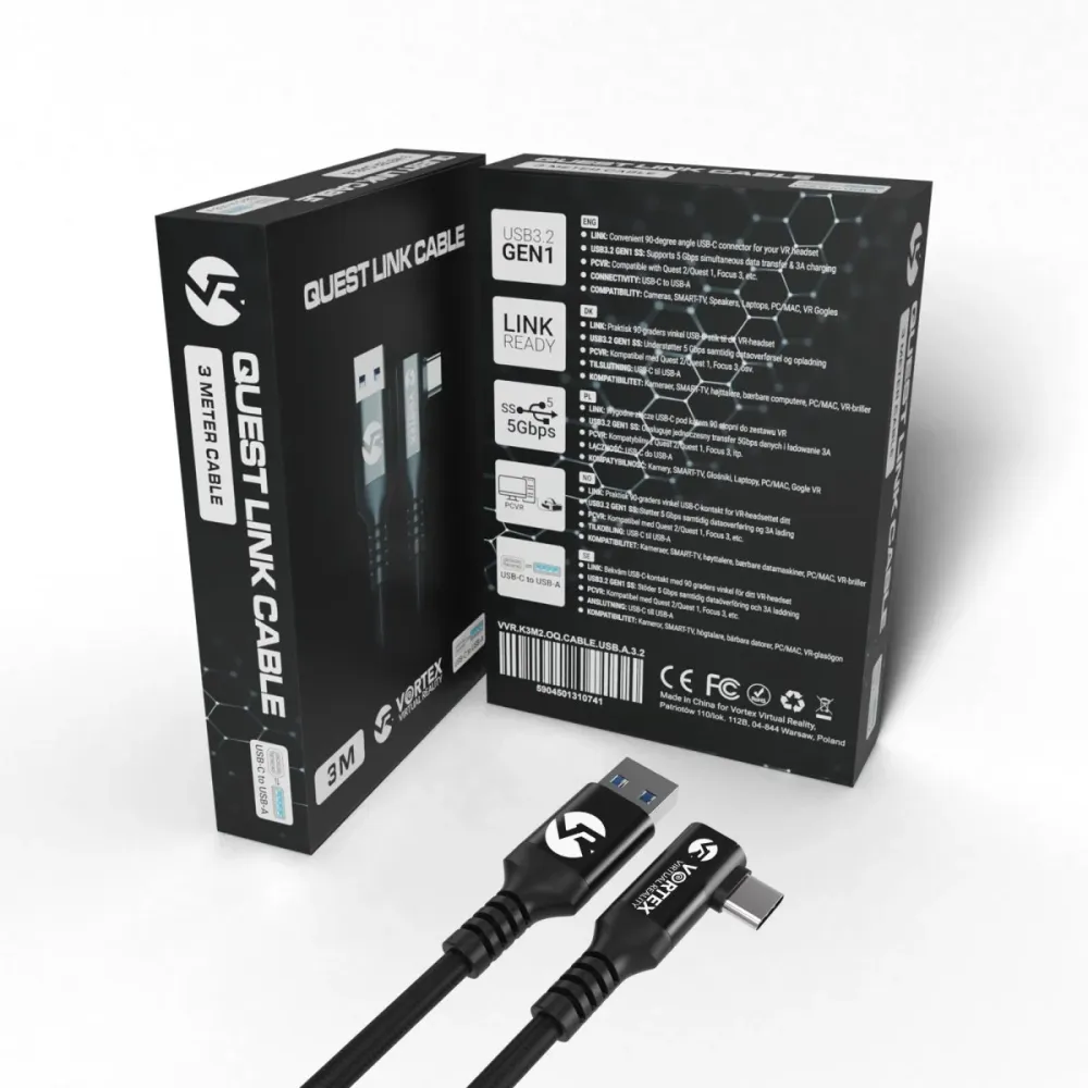 Кабел VortexVR 3 м + закопчалка | USB- | за Quest 3 Quest 3S Quest 2